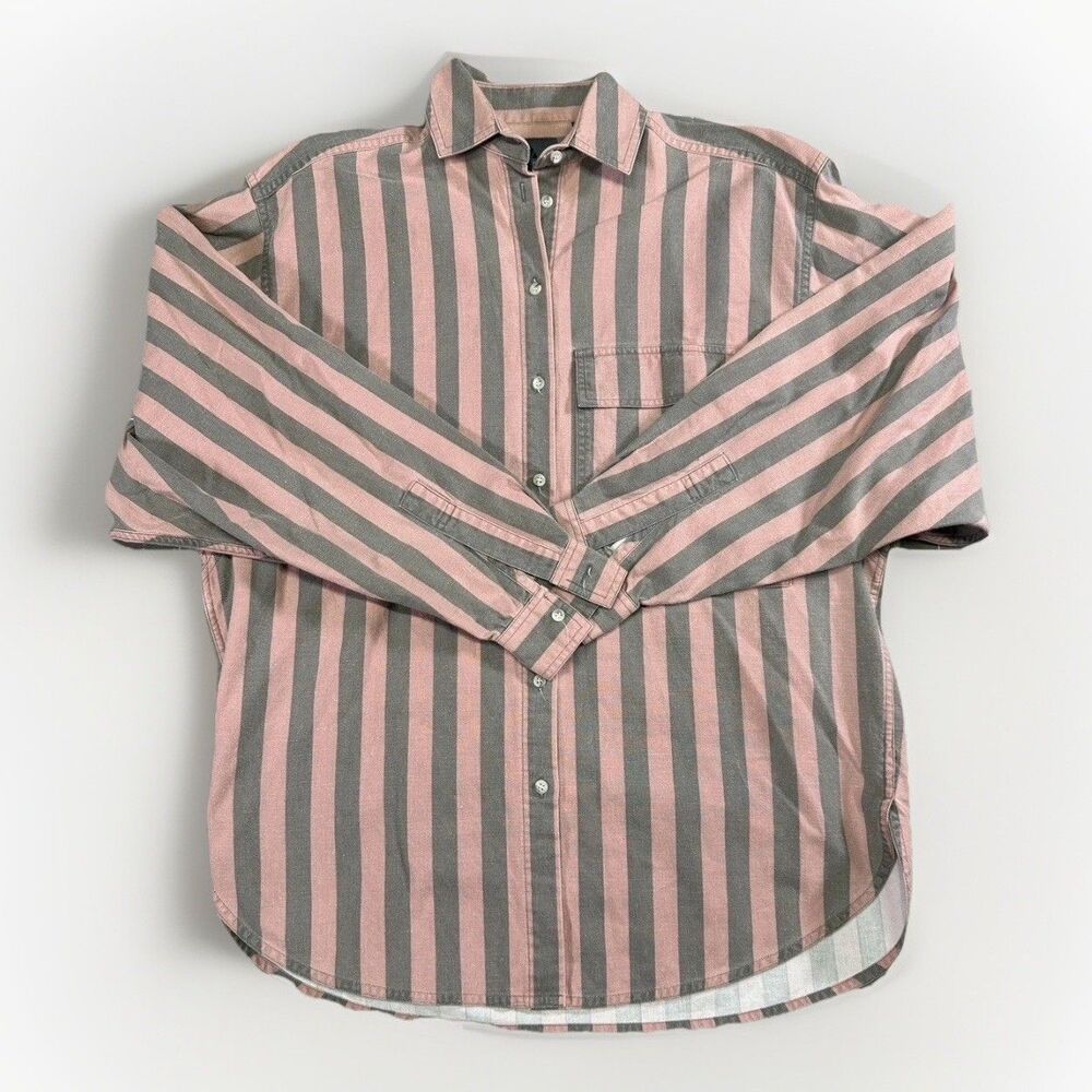 VTG Liz Gear Women’s Button Down Shirt S Pink & Gray Striped Cotton 90s